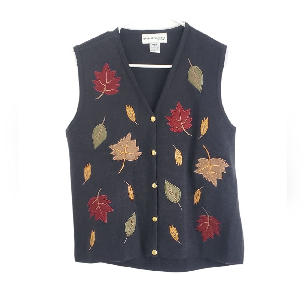 Vintage Croft & Barrow Embroidered Falling Leaves Button Sweater Vest PET M Fall - Picture 4 of 13